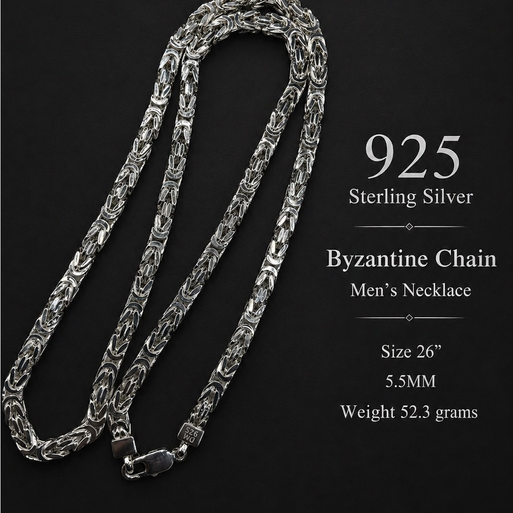 925 Sterling Silver Byzantine Chain Men’s Necklace Size 26” - Picture 3 of 17